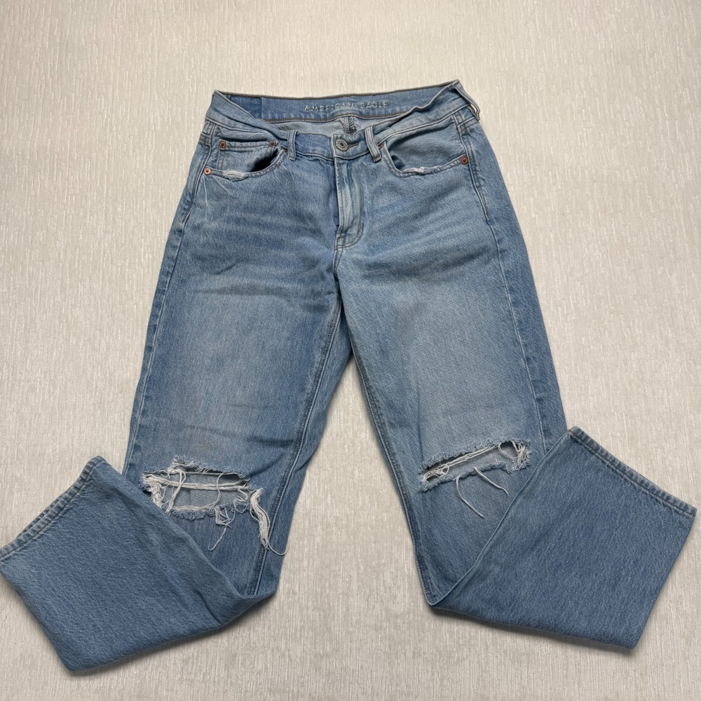 American Eagle Outfitters Straight Jeans Womens 6 Short Blue Cotton Distressed